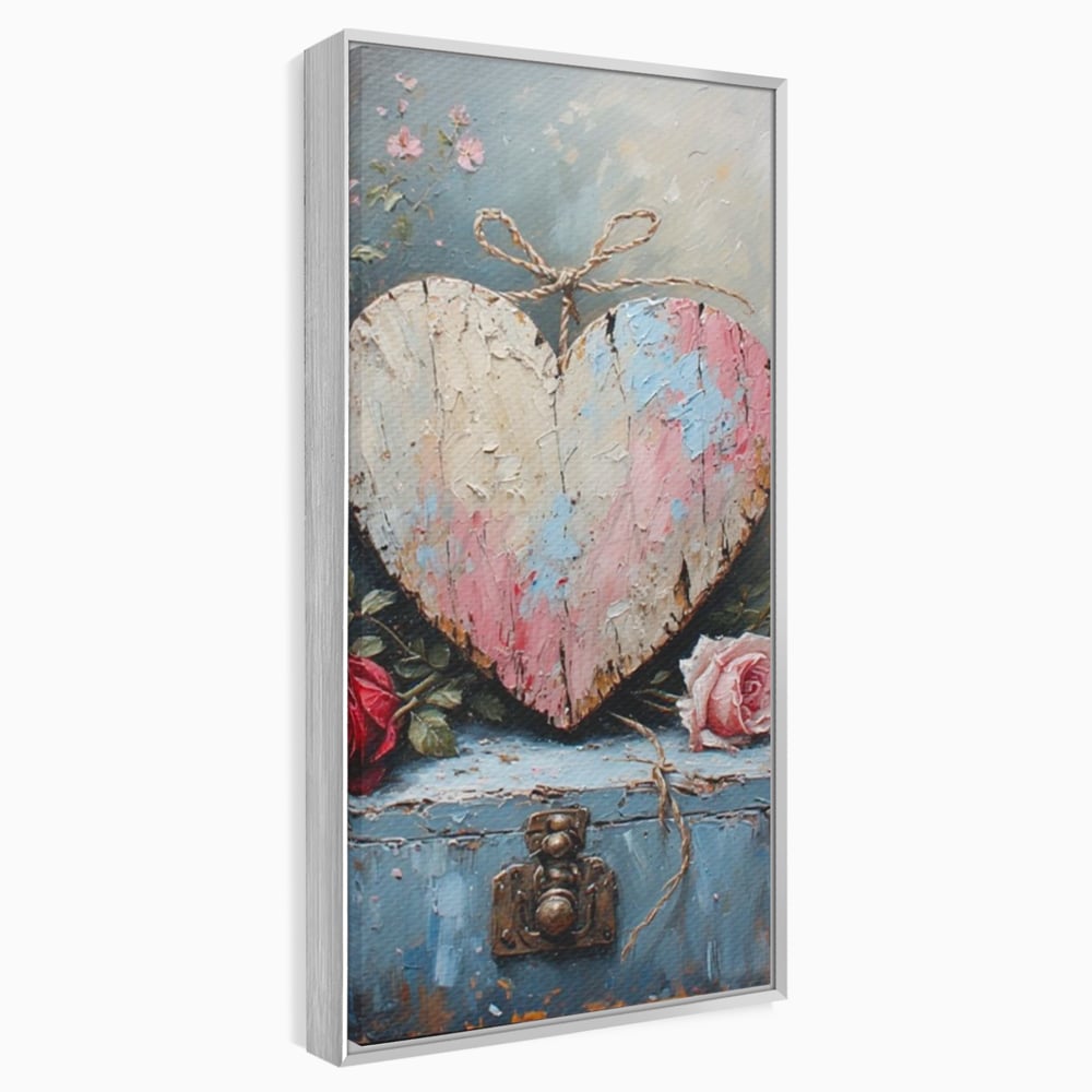 Tablou canvas cu tablou canvas cu inima din lemn si flori, in rama de aluminiu argintiu